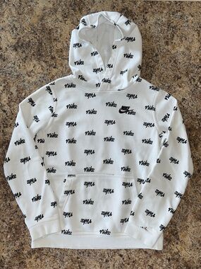 Nike Big Kids L Pullover Hoodie Sweatshirt White Black All Over Logo Print Rare